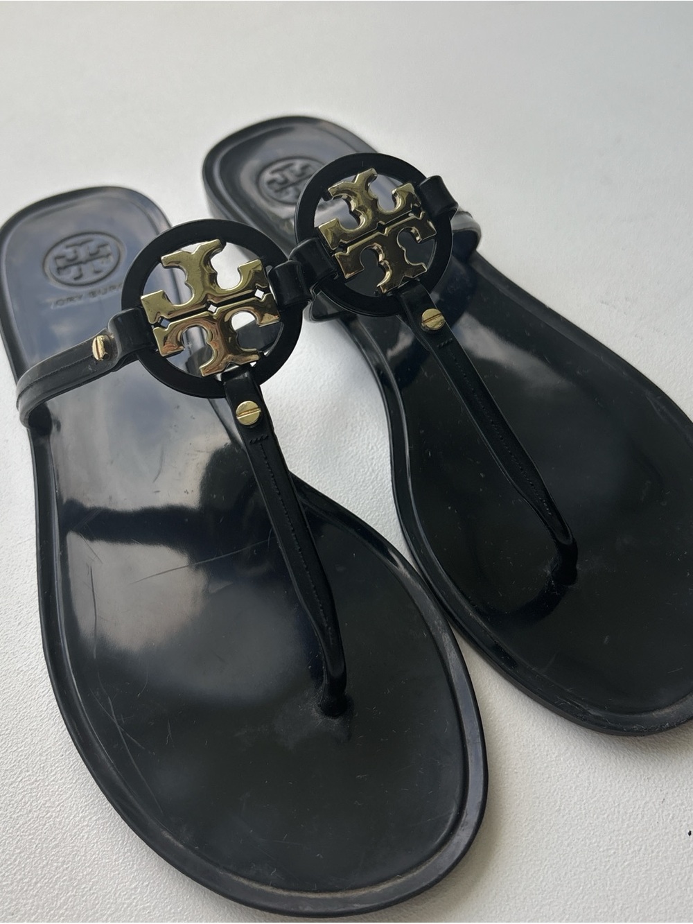 Tory Burch Black Jelly Miller Logo Thong Sandals with Gold Logo